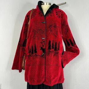 Vintage Reversible Fleece Jacket Red Black Hooded Deer Elk Mountain Size XL